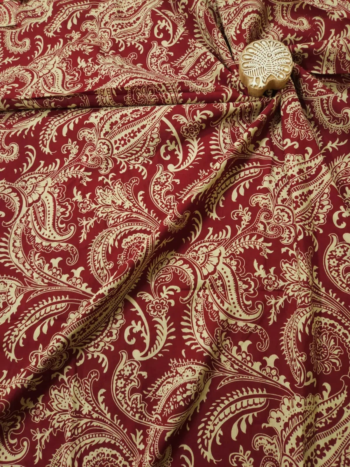 Maroon Base with Cream Paisley Printed Jaipuri Cotton Fabric