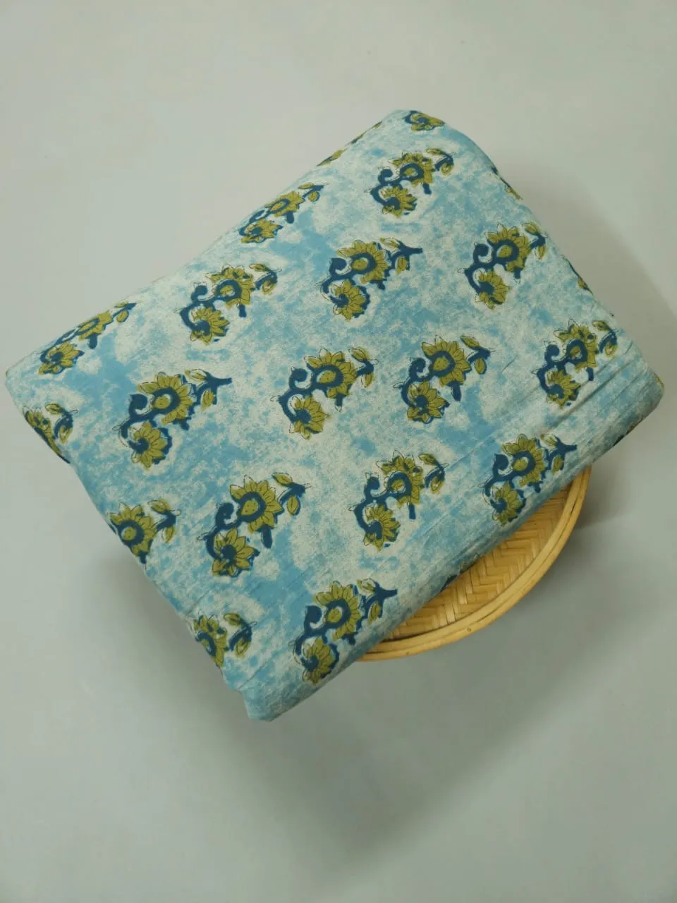 Teal Pastel Green With Blue Ajrakh Printed Cotton Fabric