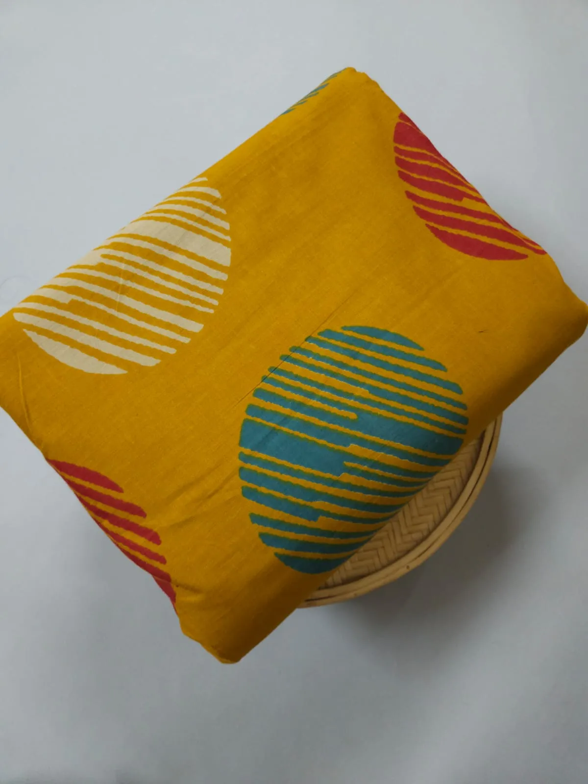 Yelllow Shade Base With Stripes And Bindu Ajrakh Print