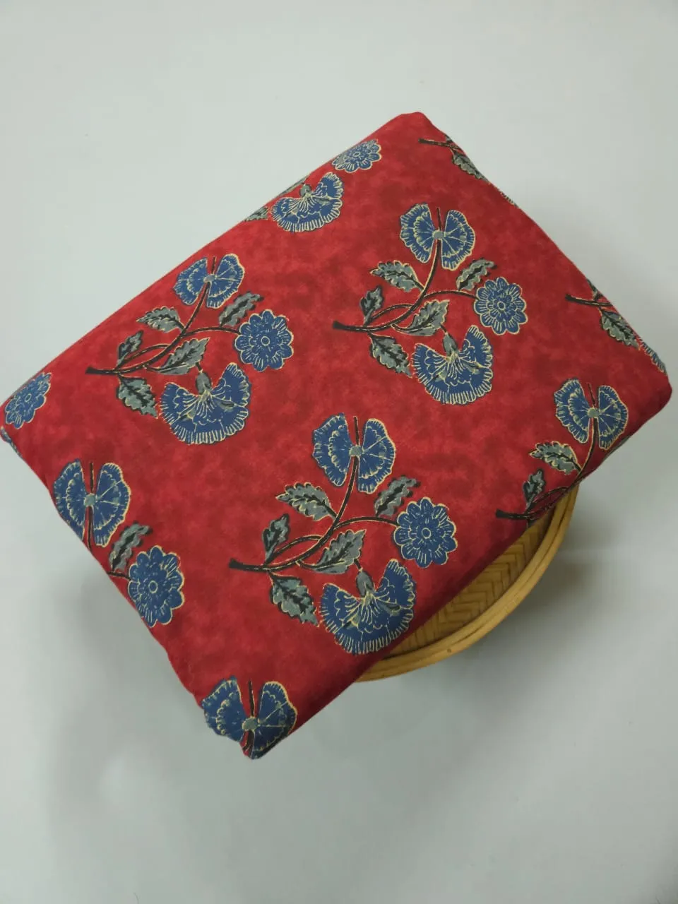 Red Over Dye With Blue Block Printed Ajrakh cotton Fabric