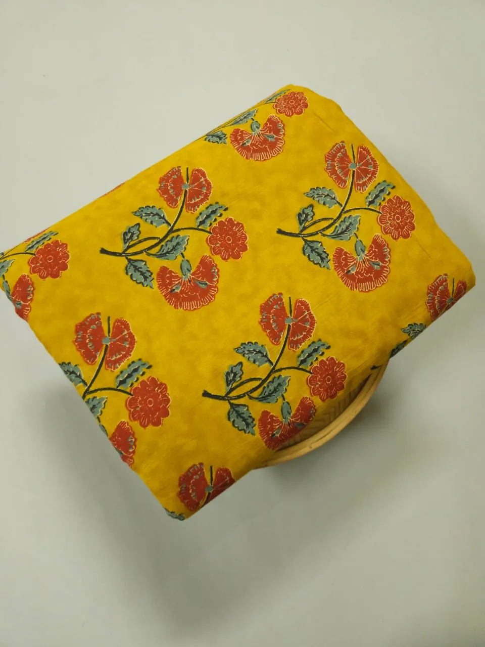 Musturd Over Dye With Red Block Printed Ajrakh Cotton Fabric