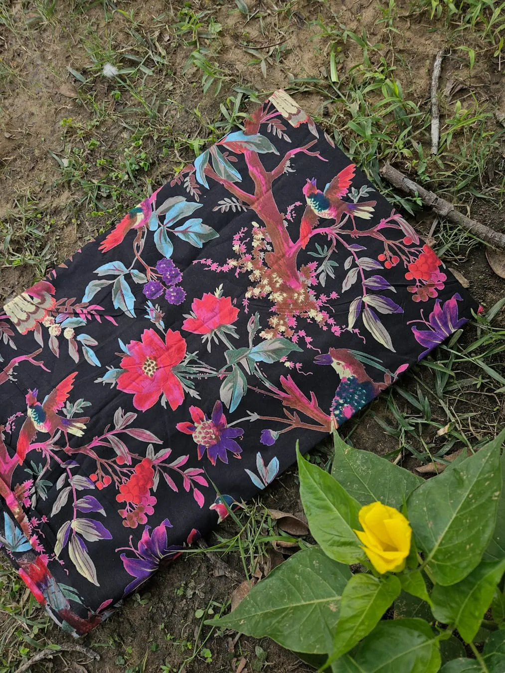Black Base with Bird Red and Magenta Floral Garden Jaipuri Cotton Fabric