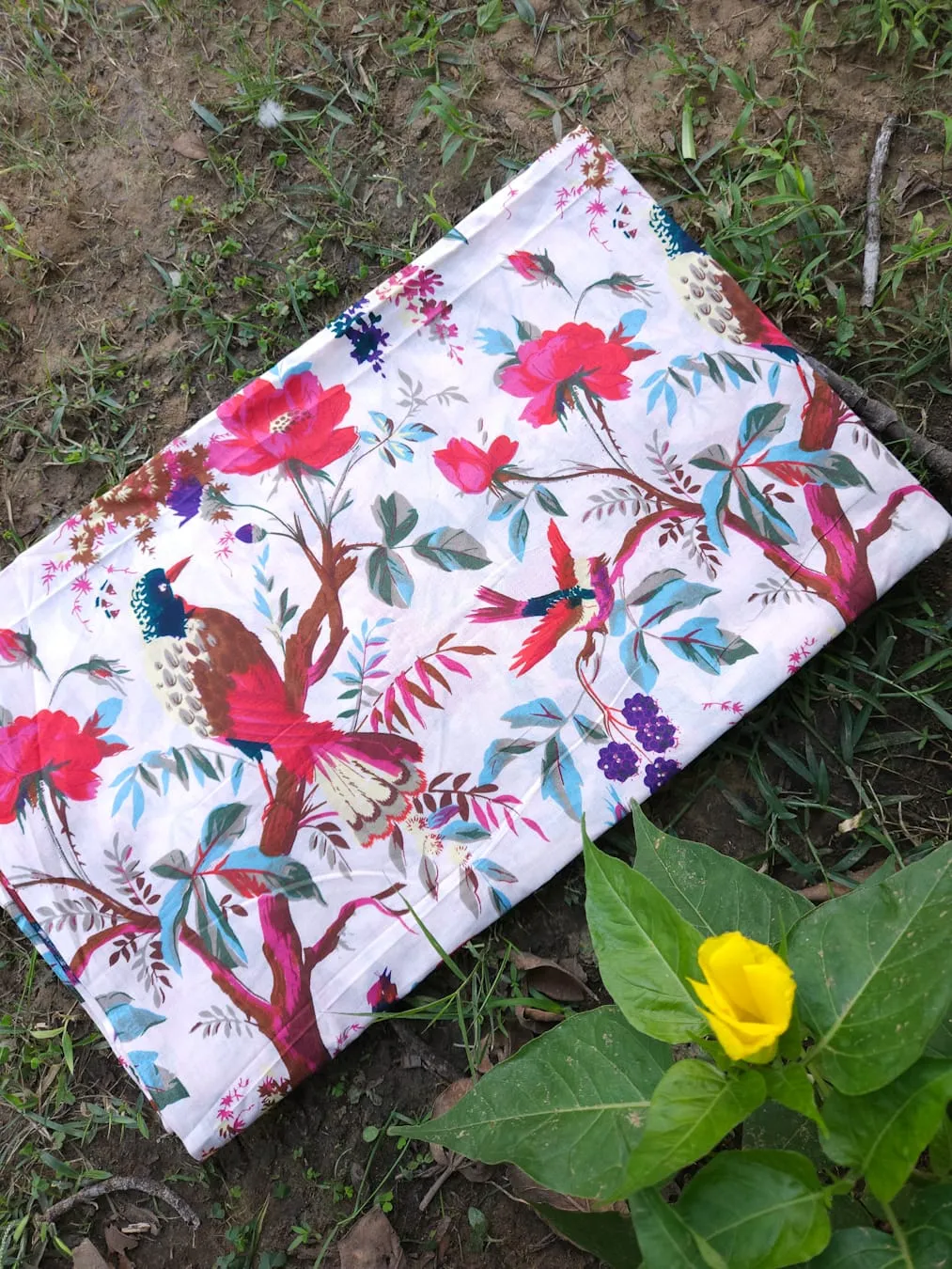 White Pastel Base with Bird Magenta Red Floral Garden Jaipuri Cotton Fabric