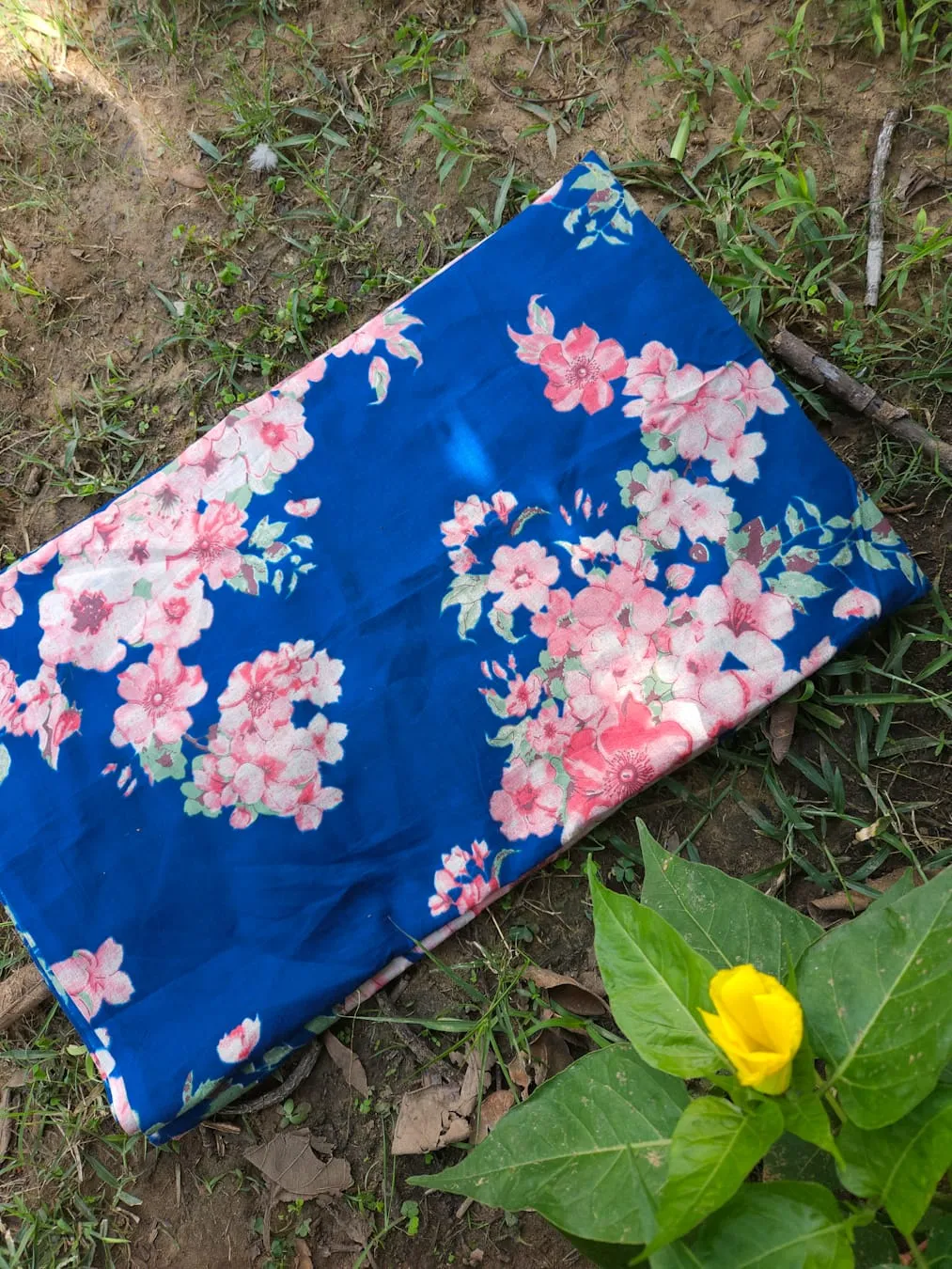 Royal Blue Base with Peach Floral Bouquet Garden Jaipuri Cotton Fabric