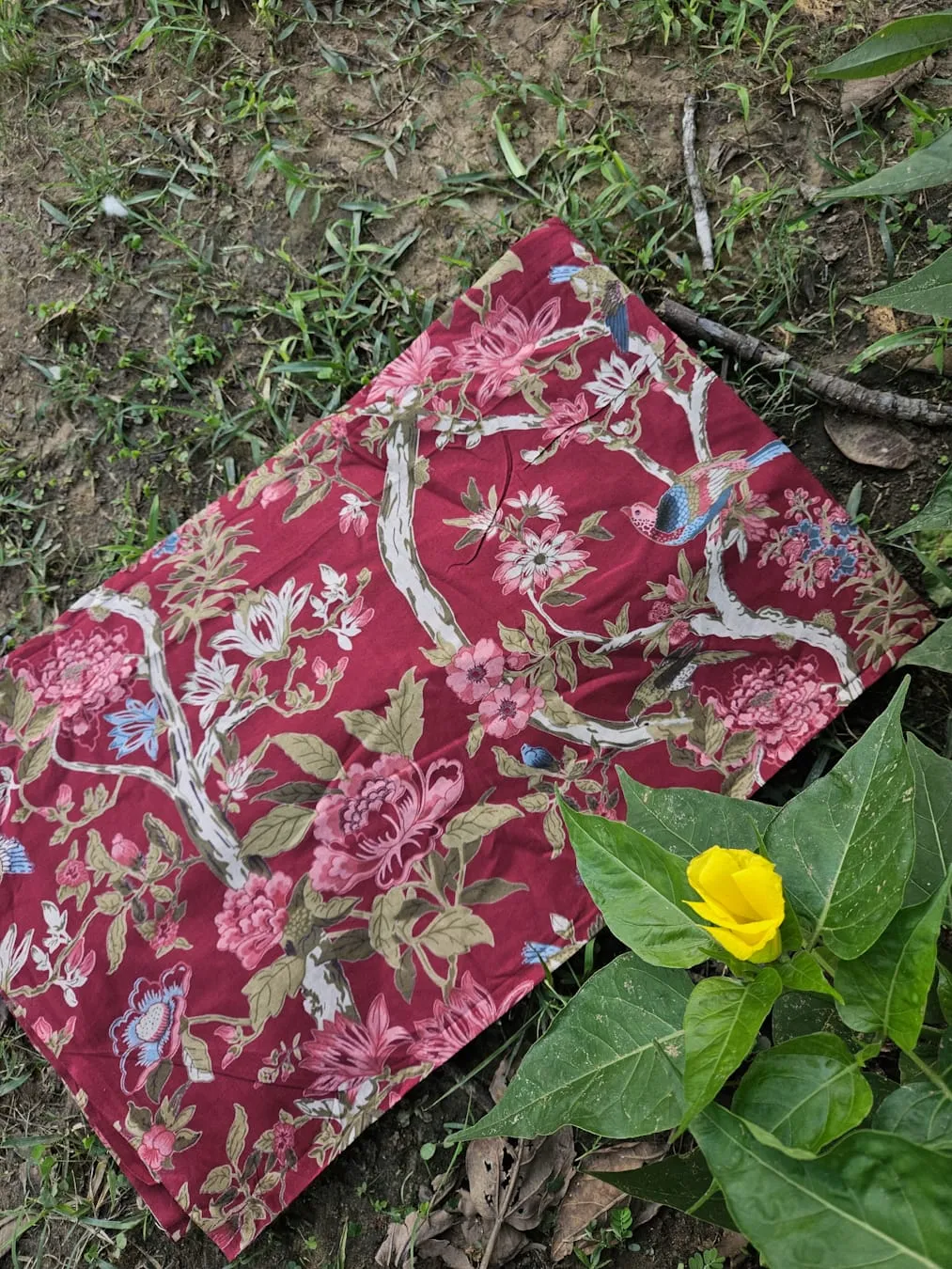 Maroon Base with Tree Bunches Floral Garden Printed Cotton Fabric