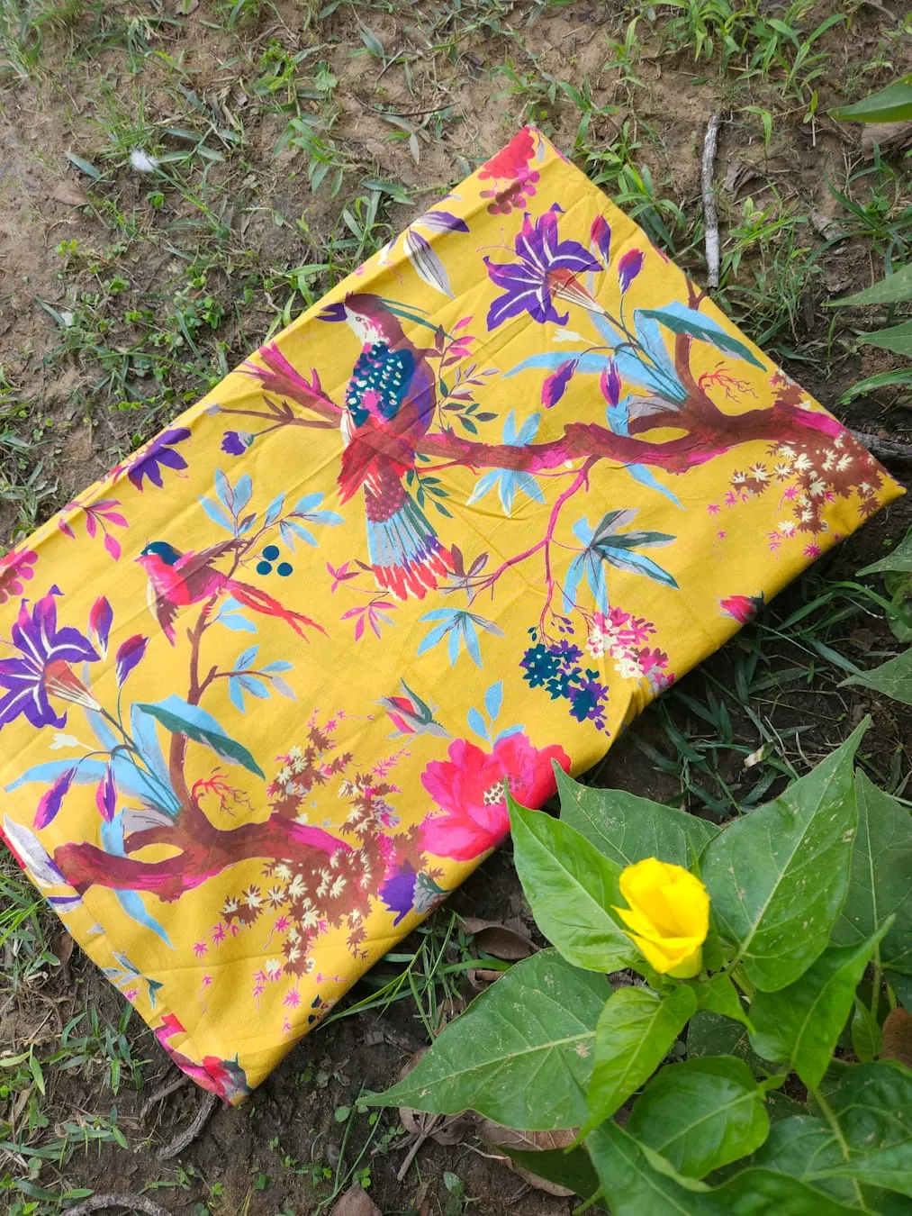Mustard Base with Bird Blue and Magenta Floral Garden Jaipuri Cotton Fabric