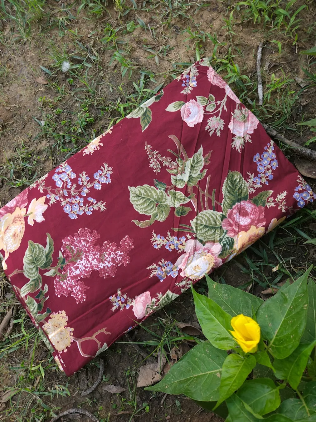 Maroon Base With Green and Peach Floral Garden Jaipuri Cotton Fabric