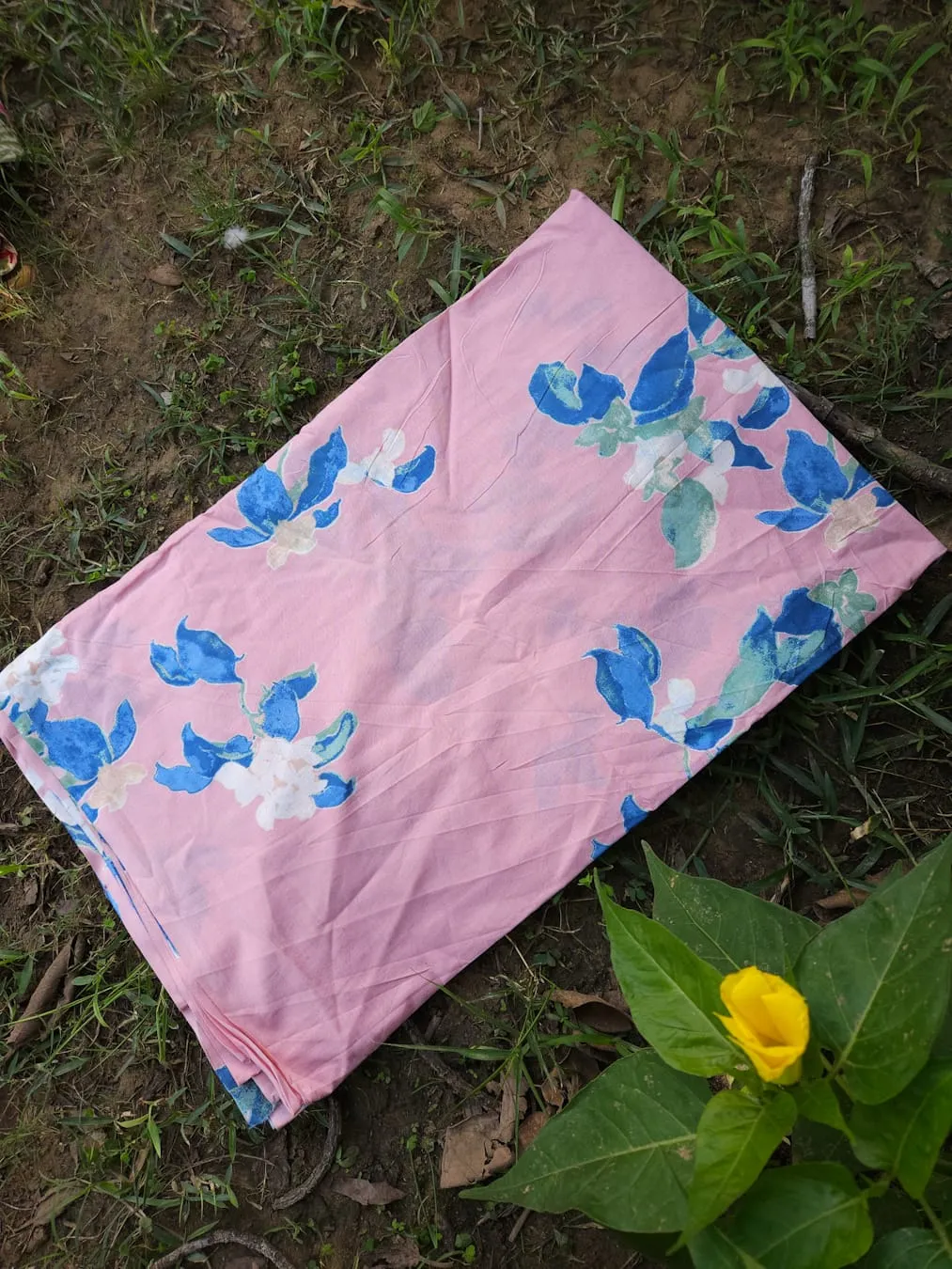 Pastel Pink with Teal Blue Abstract Floral Garden Jaipuri Cotton Fabric