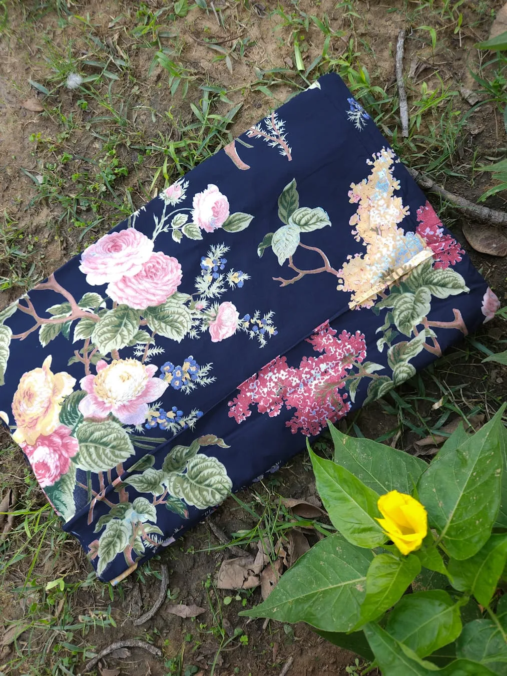 Dark Navy Blue Base with Bagh Peach and White Floral Garden jaipuri Cotton Fabric