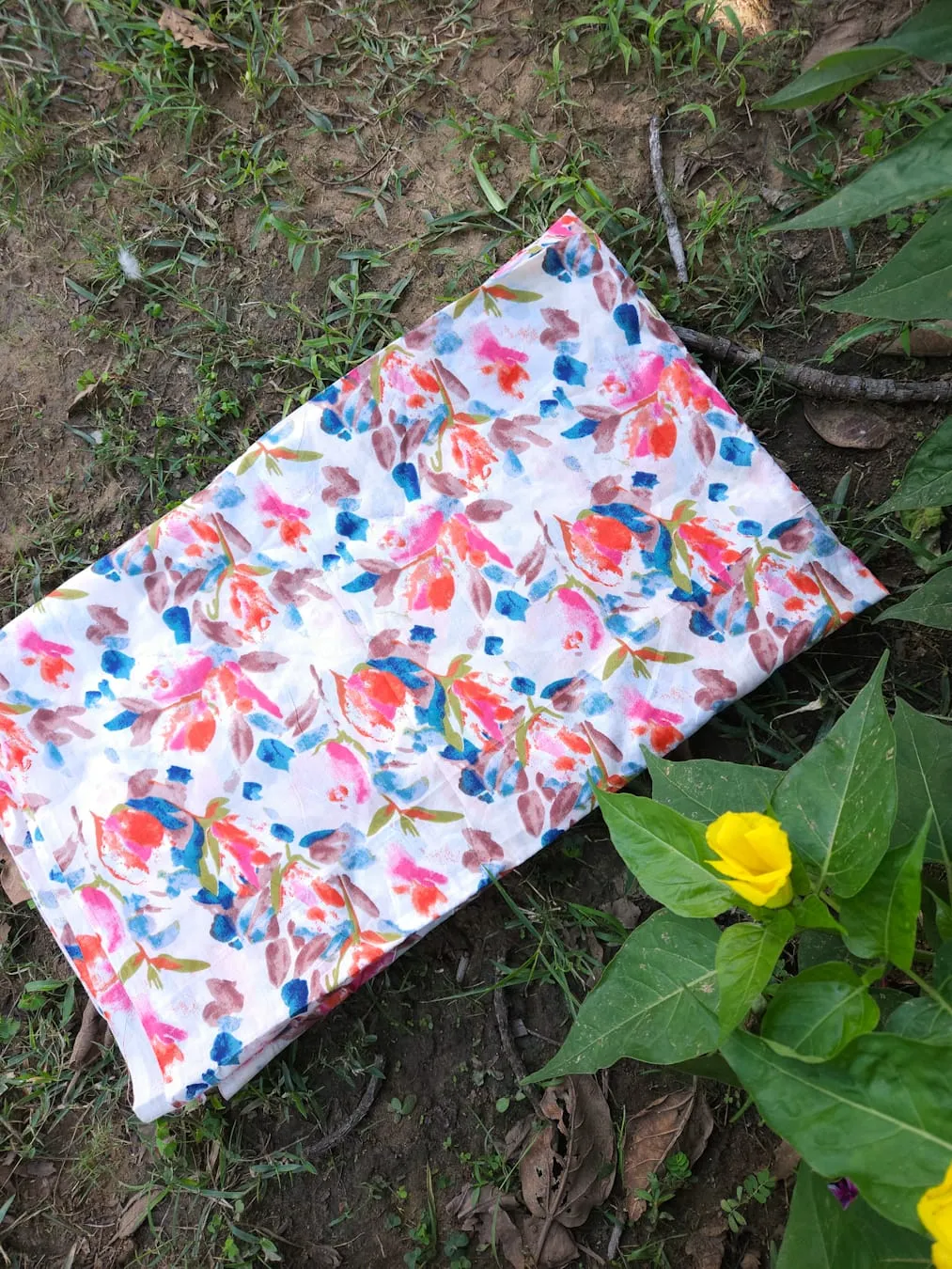 Off White Base with Red, Blue and Red Floral Garden Cotton Printed Fabric