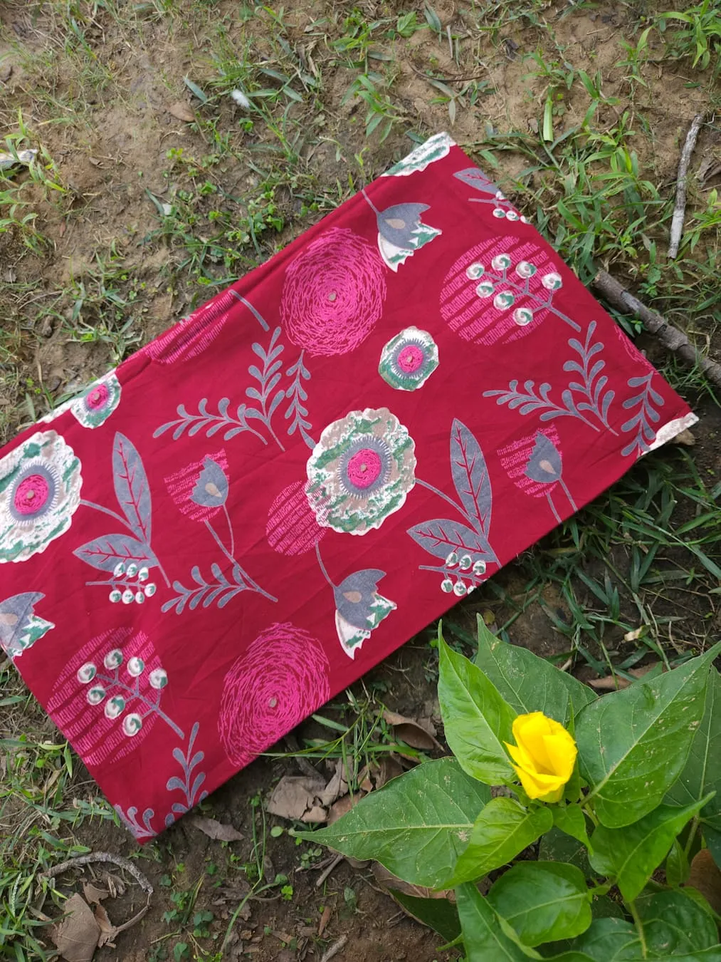 Red Maroon Base with Pastel Green Block Printed Floral Garden Cotton Fabric