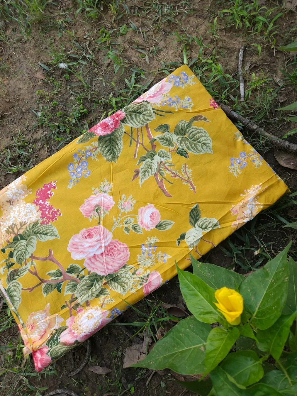 Mustard Yellow Base with Pink Floral Bouquet Garden Cotton Fabric