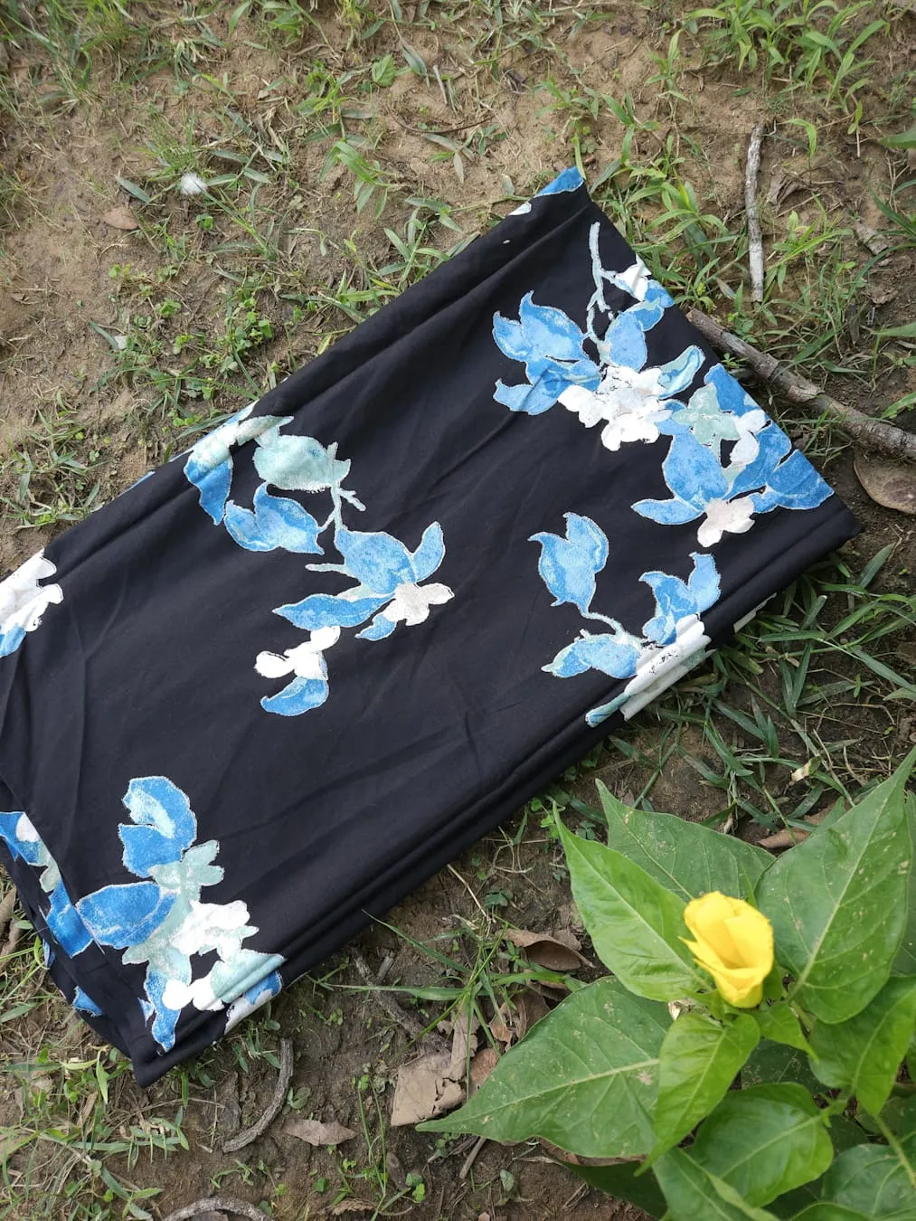 Zade Black with Royal Blue Abstract Floral Garden Printed Cotton Fabric