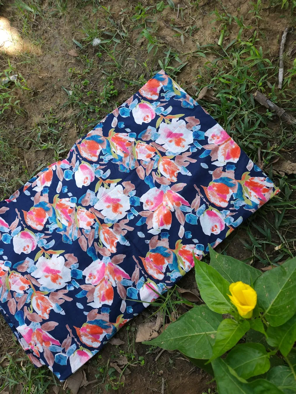 Blue Base with Red and Mud And White Floral Garden Jaipuri Cotton Fabric