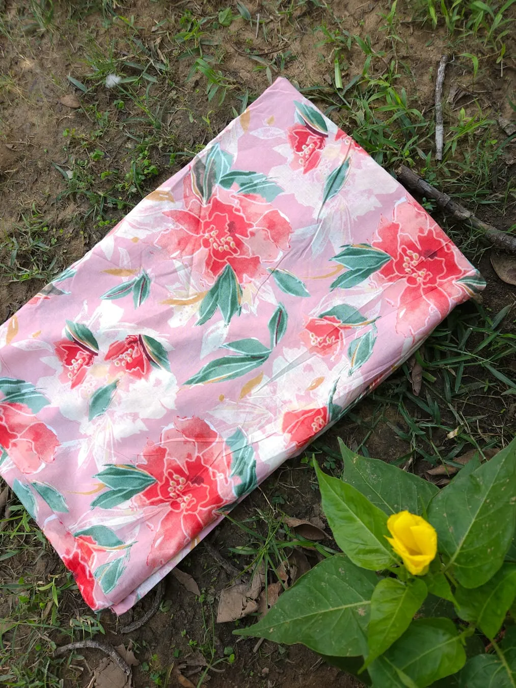 Light Pink Base with Red, Green and White Lotus Floral Garden Jaipuri Cotton Fabric