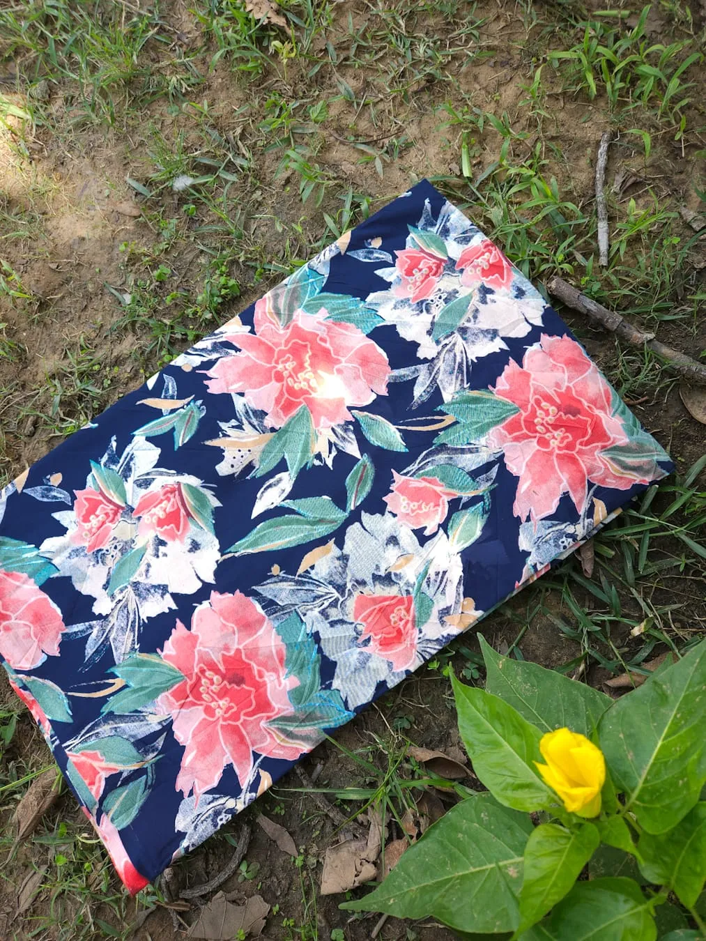 Dark Navy Blue base with Peach, Red and Green Floral Garden Jaipuri Cotton Fabric