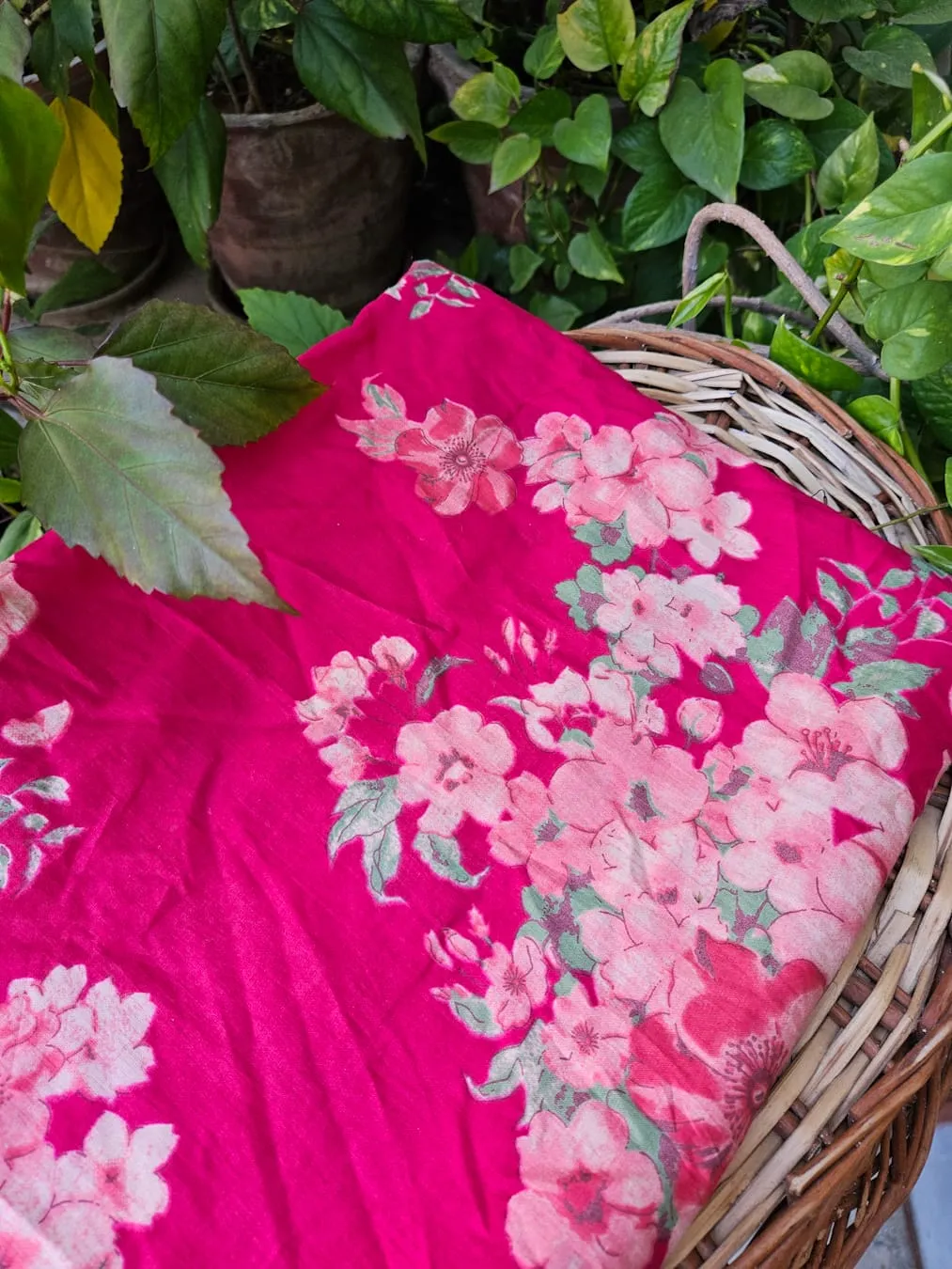 Blush Magenta Base with Light Peach Floral Garden Bunch Jaipuri Cotton Fabric