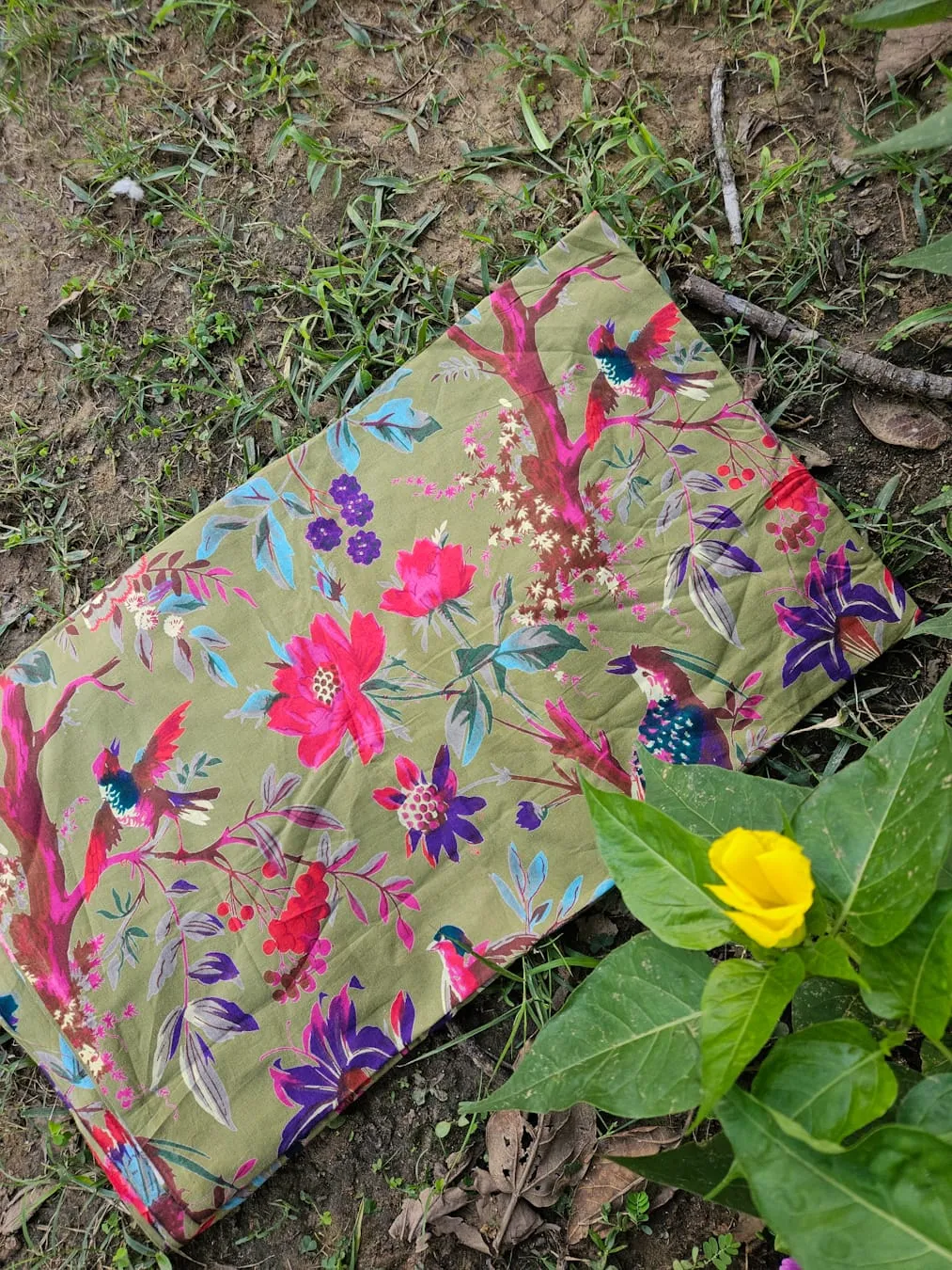Light Mehandi Green Base With Magenta and Red Bird Floral Garden Jaipuri Cotton Fabric