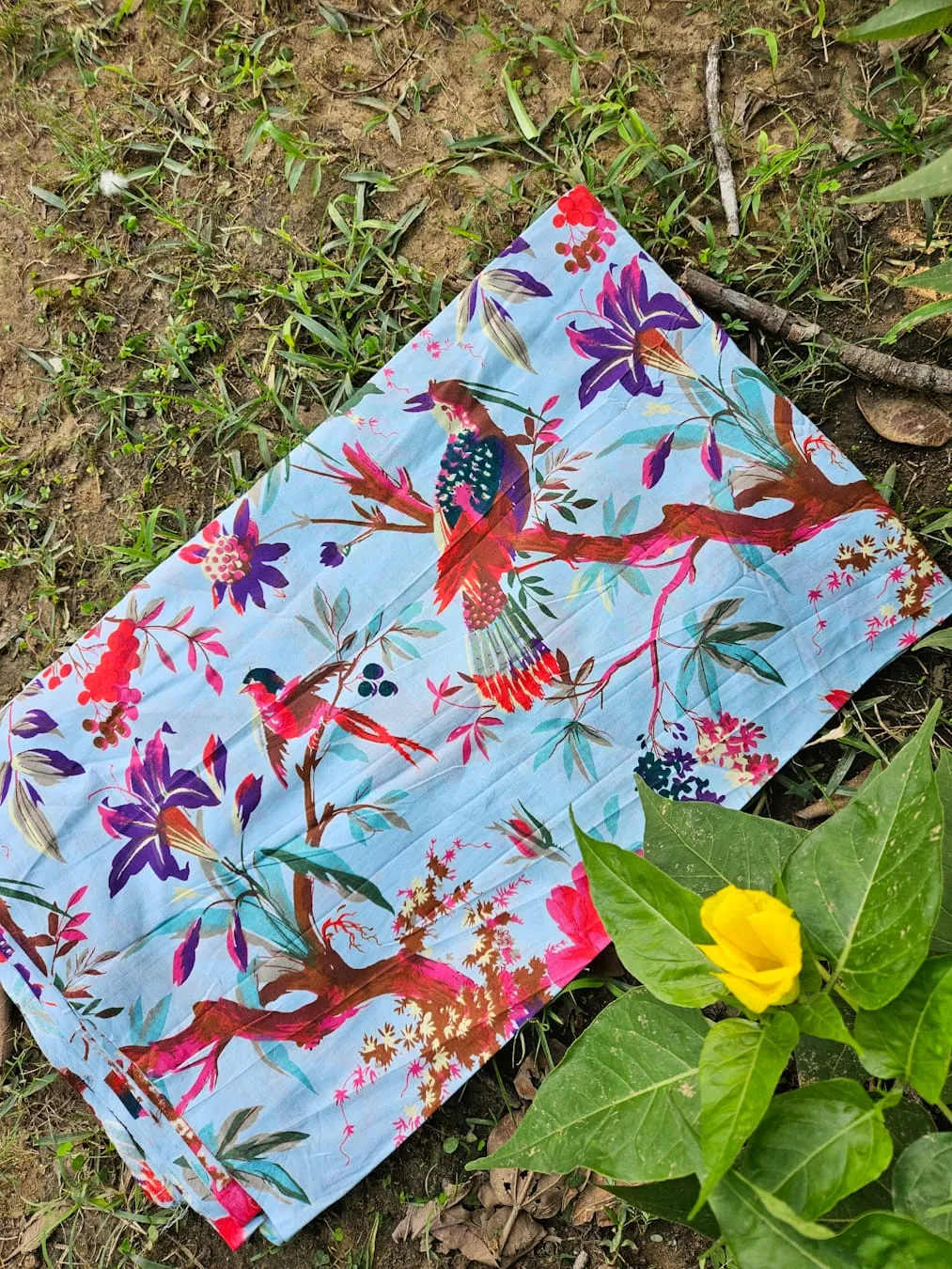 Light Sky Blue Base with Bird Print Floral Garden Printed Fabric