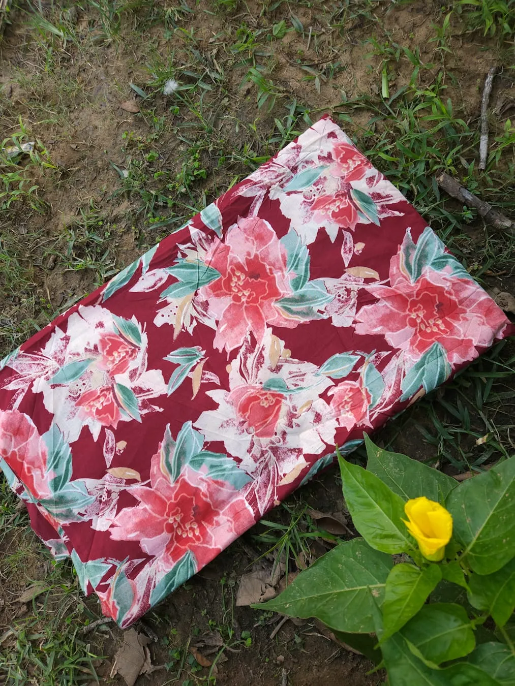 Maroon Base with Mud and Green Floral Garden Jaipuri Cotton fabric