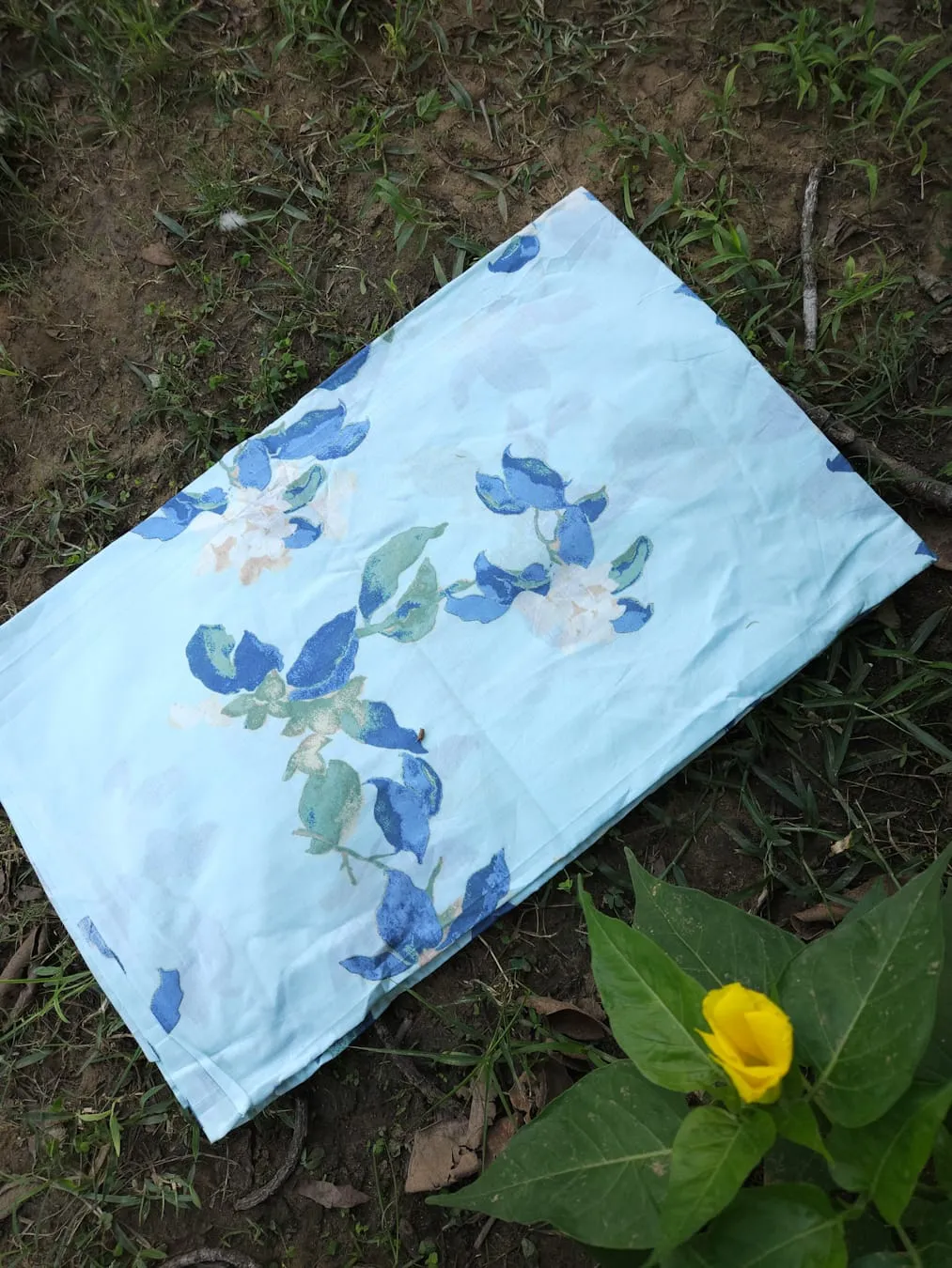 Pastel Blue with Royal Blue Abstract Floral Gardent Printed Cotton Fabric