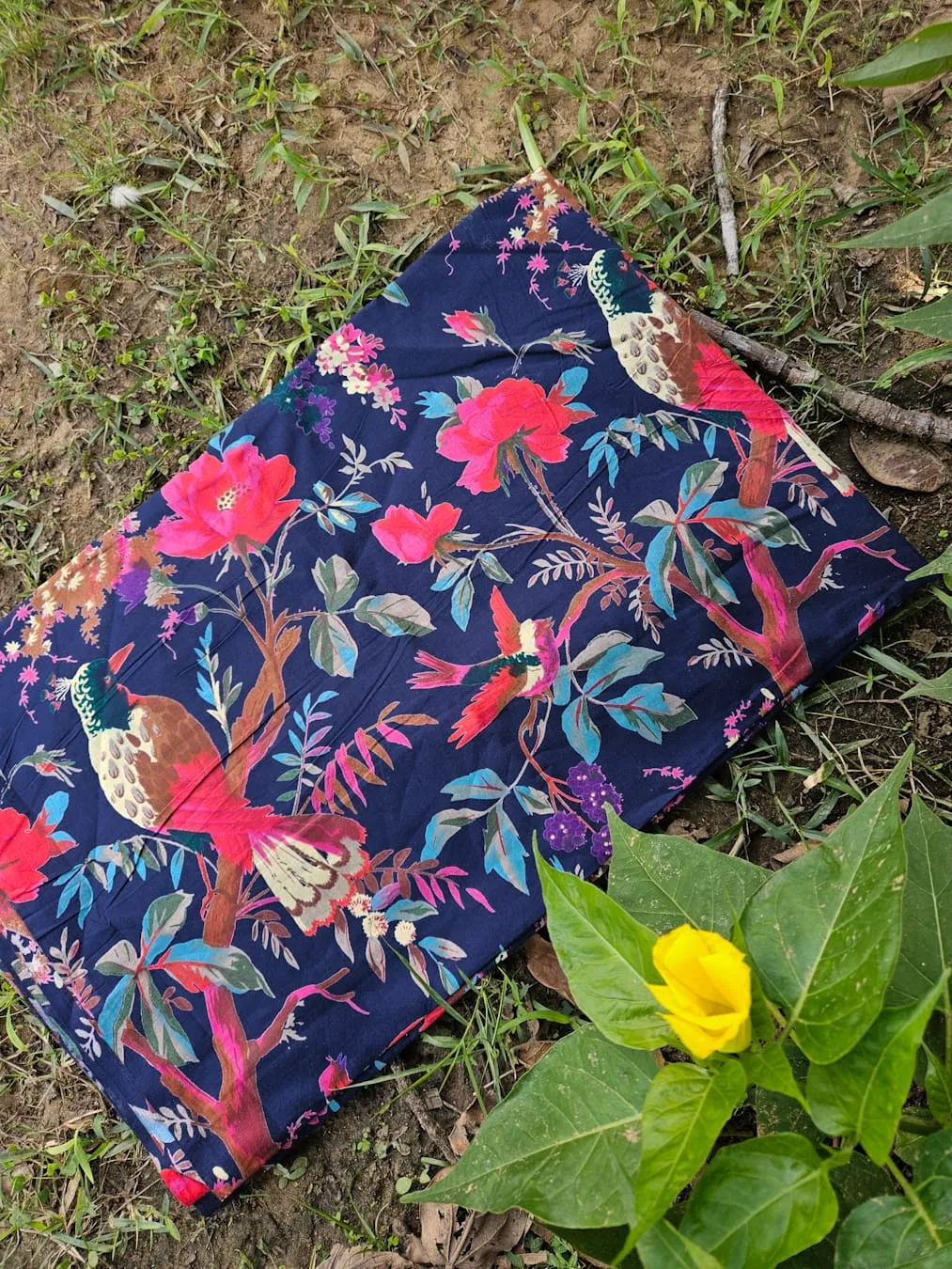 Navy Blue Base with Bird Floral Garden Jaipuri Cotton Fabric