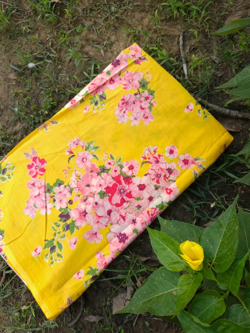 Mango Yellow Base with Light Pink Floral Bunch Garden Jaipuri Cotton Fabric