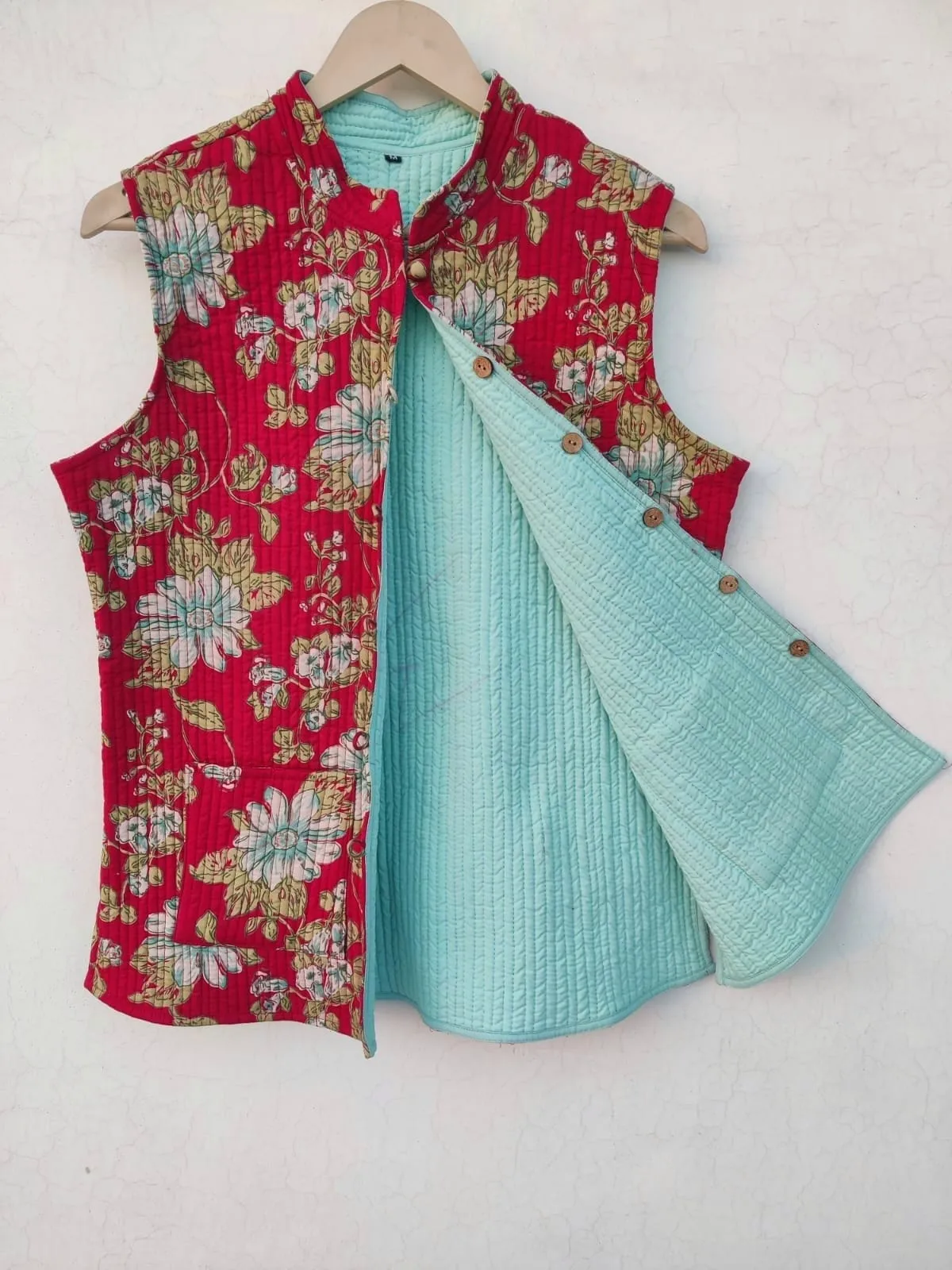 Red and Sky blue Bagh Printed Sanganeri Cotton Quilted Jacket