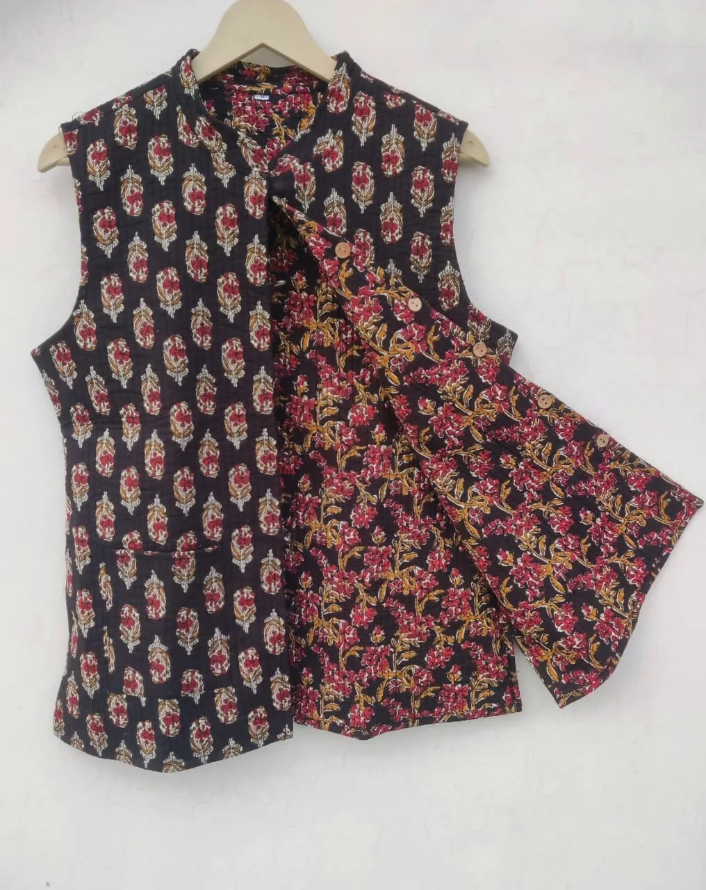 Black Base with Red and Yellow Jaal Printed Cotton Quilted Jacket