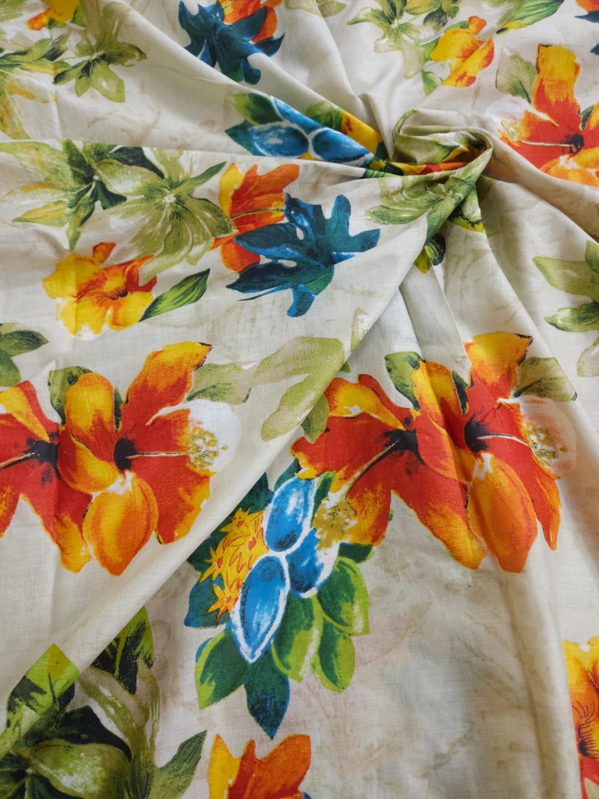 Skin Shade Base Multicolour Flowers Print, Cotton Fabric.