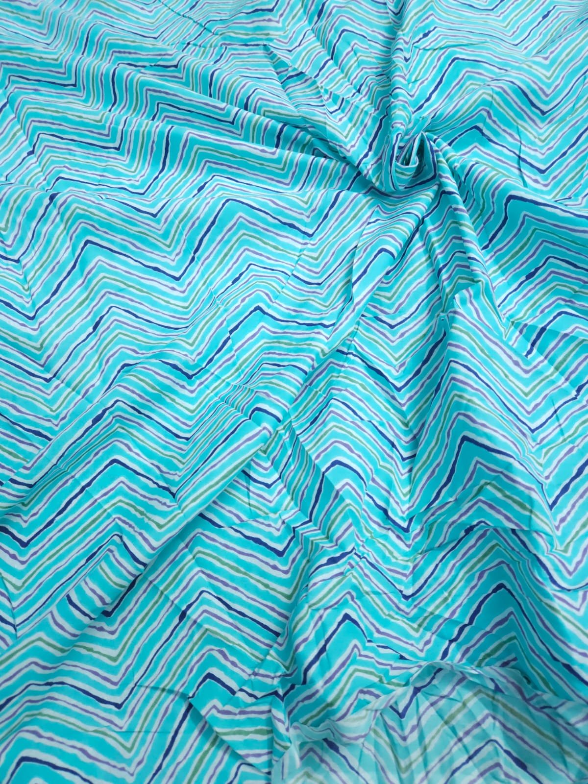 Pastel Sky Blue Shade Zigzag Print, Cotton Fabric.