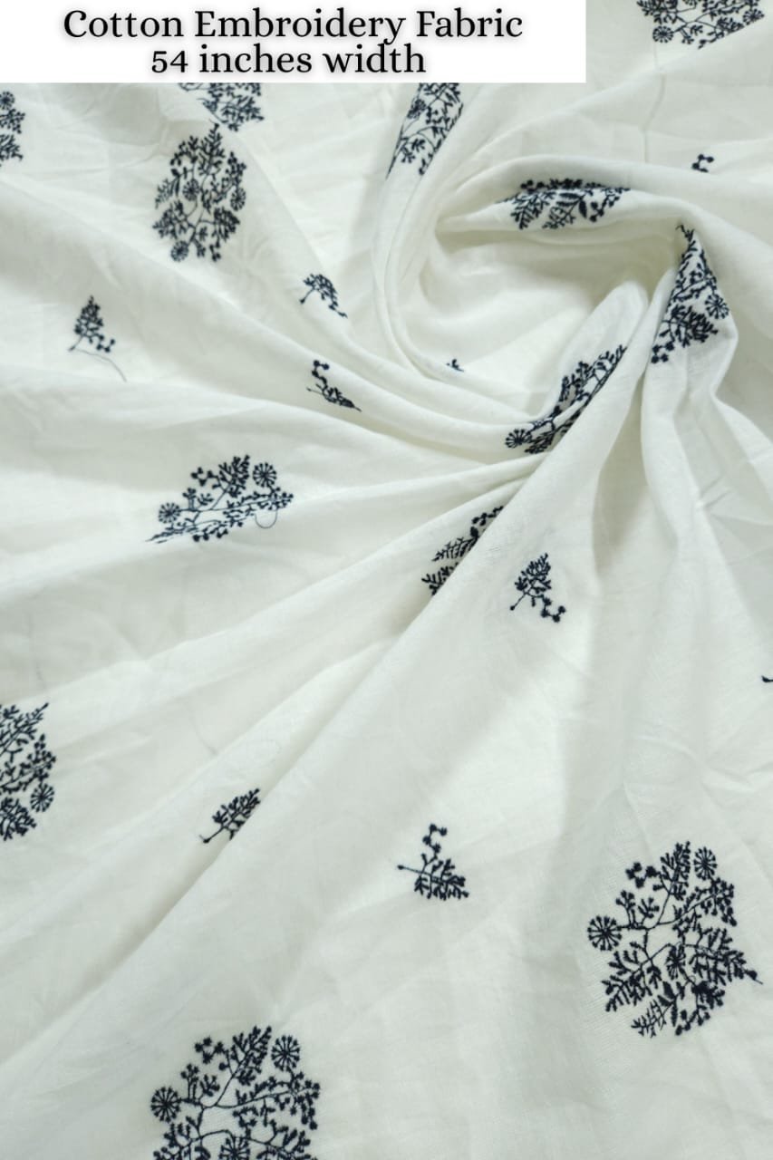 White Shade Base Black Circle Cotton Embroidery Fabric.