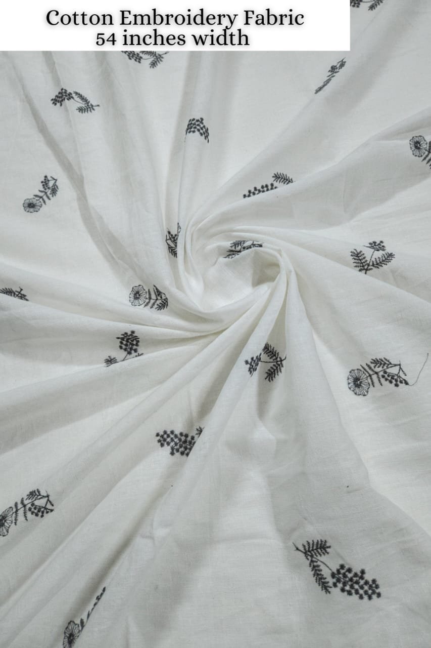 White Shade Base Leaves Cotton Embroidery Fabric.