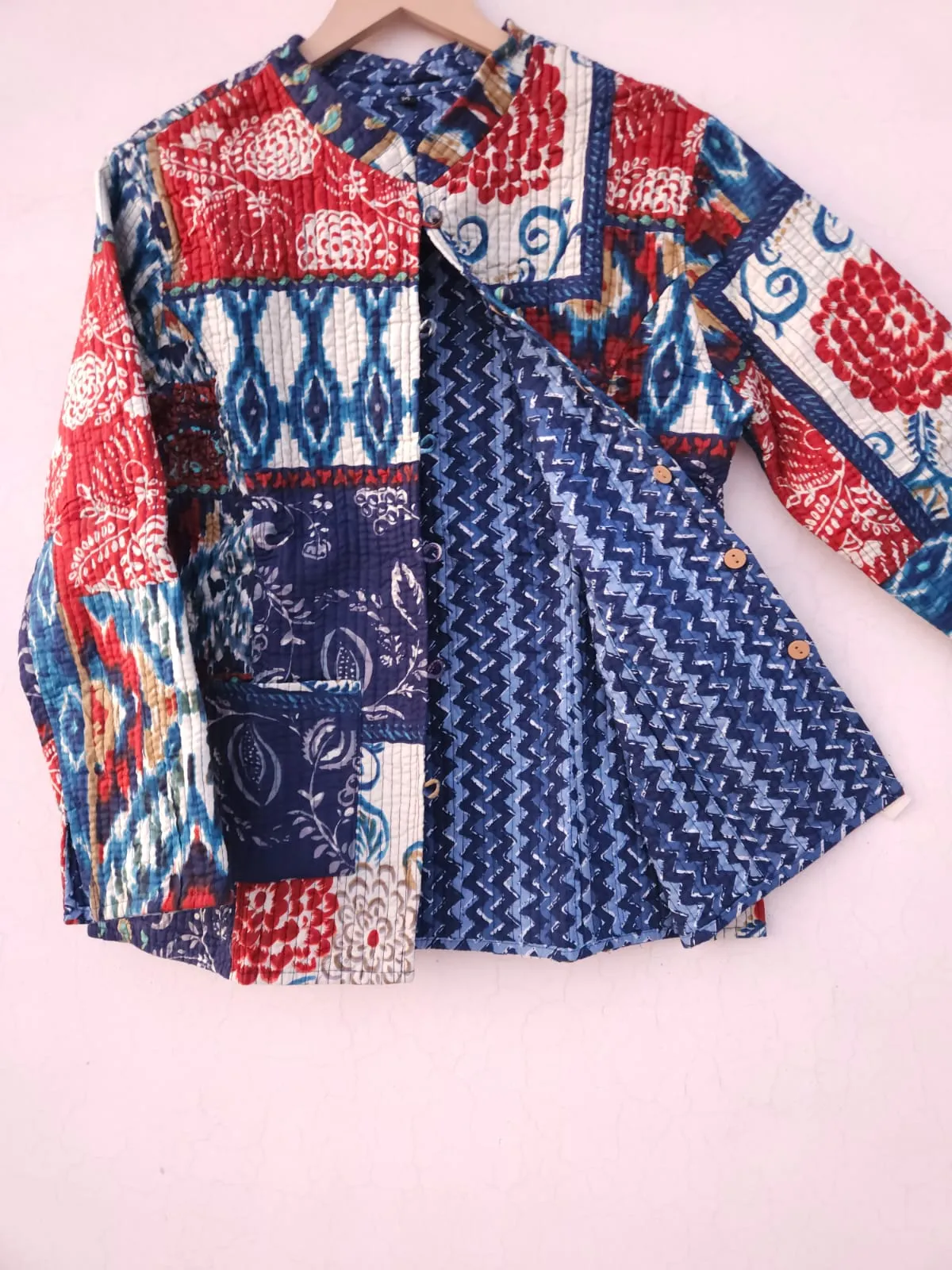 White Blue and Red Patola Patch Work Sanganeri Printed Cotton Quilted Jacket