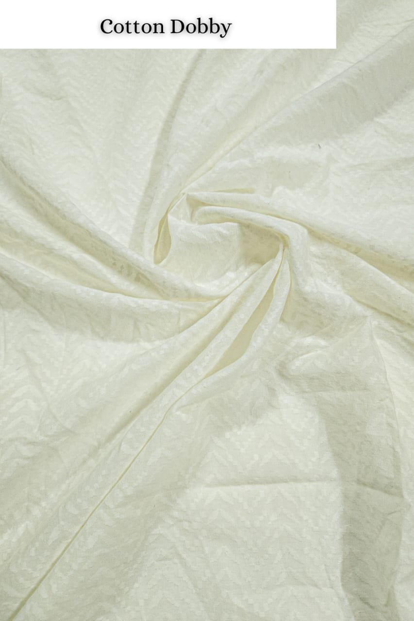 White Shade Base Cotton Zigzag Dobby Fabric.