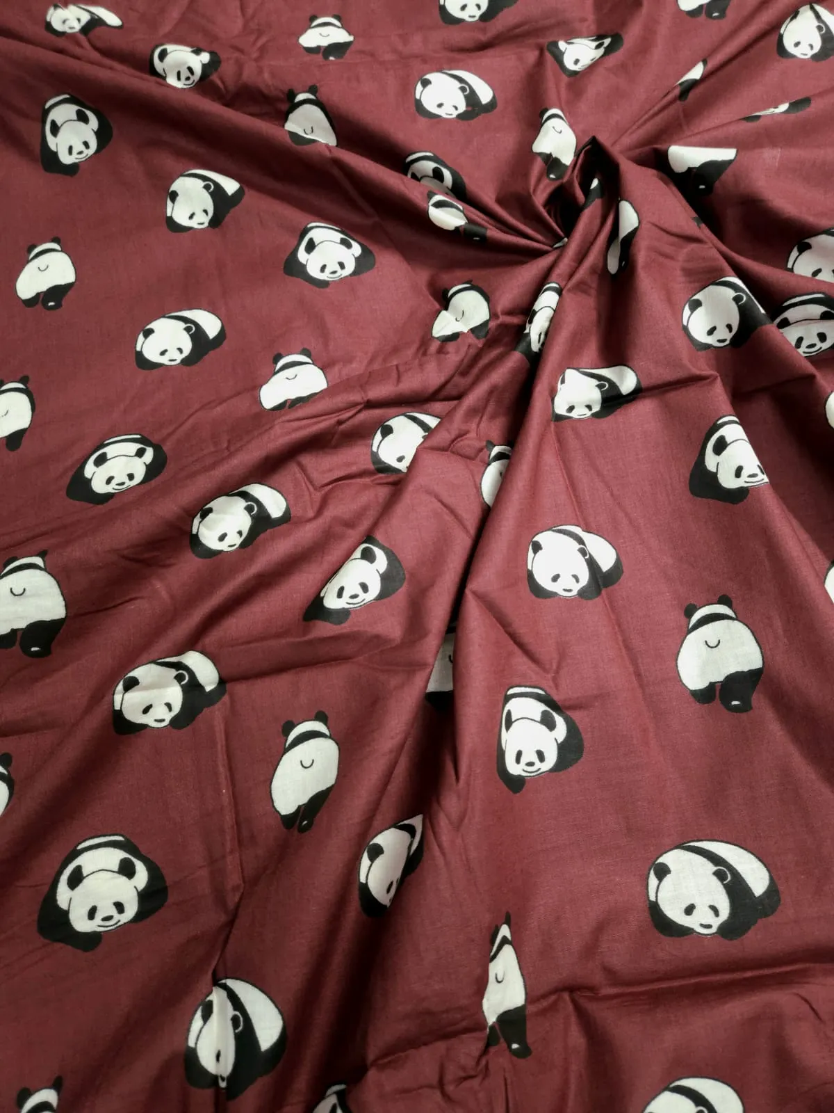 Maroon Shade Base Panda Figure Print, Cotton Fabric.