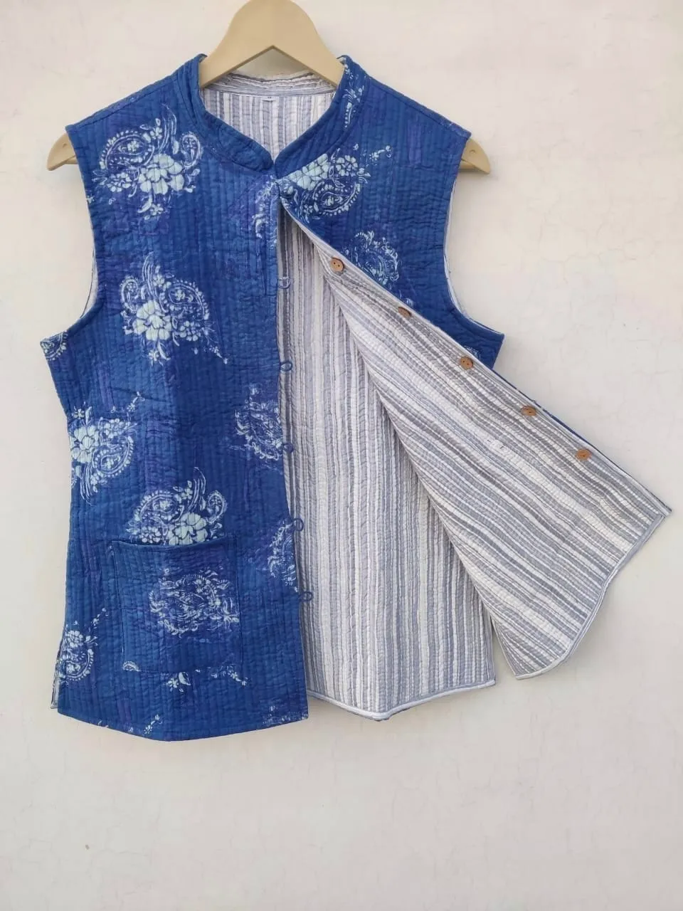 Royal Blue With White Flower Printed Cotton Quilted Jacket
