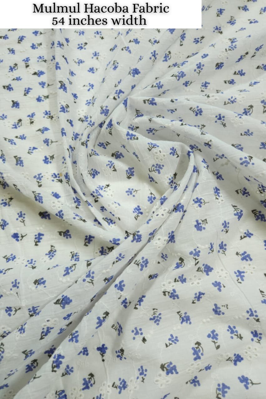 White Shade Base Small Blue Flowers Cotton Hakoba Print.