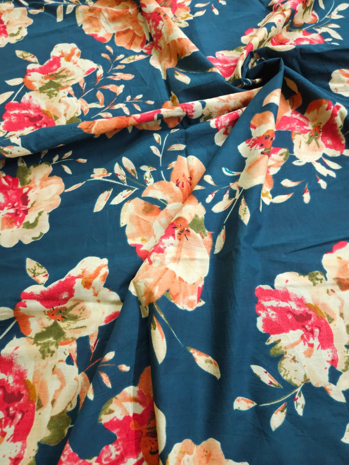Teal Blue Shade Base Multicolour Flowers Print, Cotton Fabric.