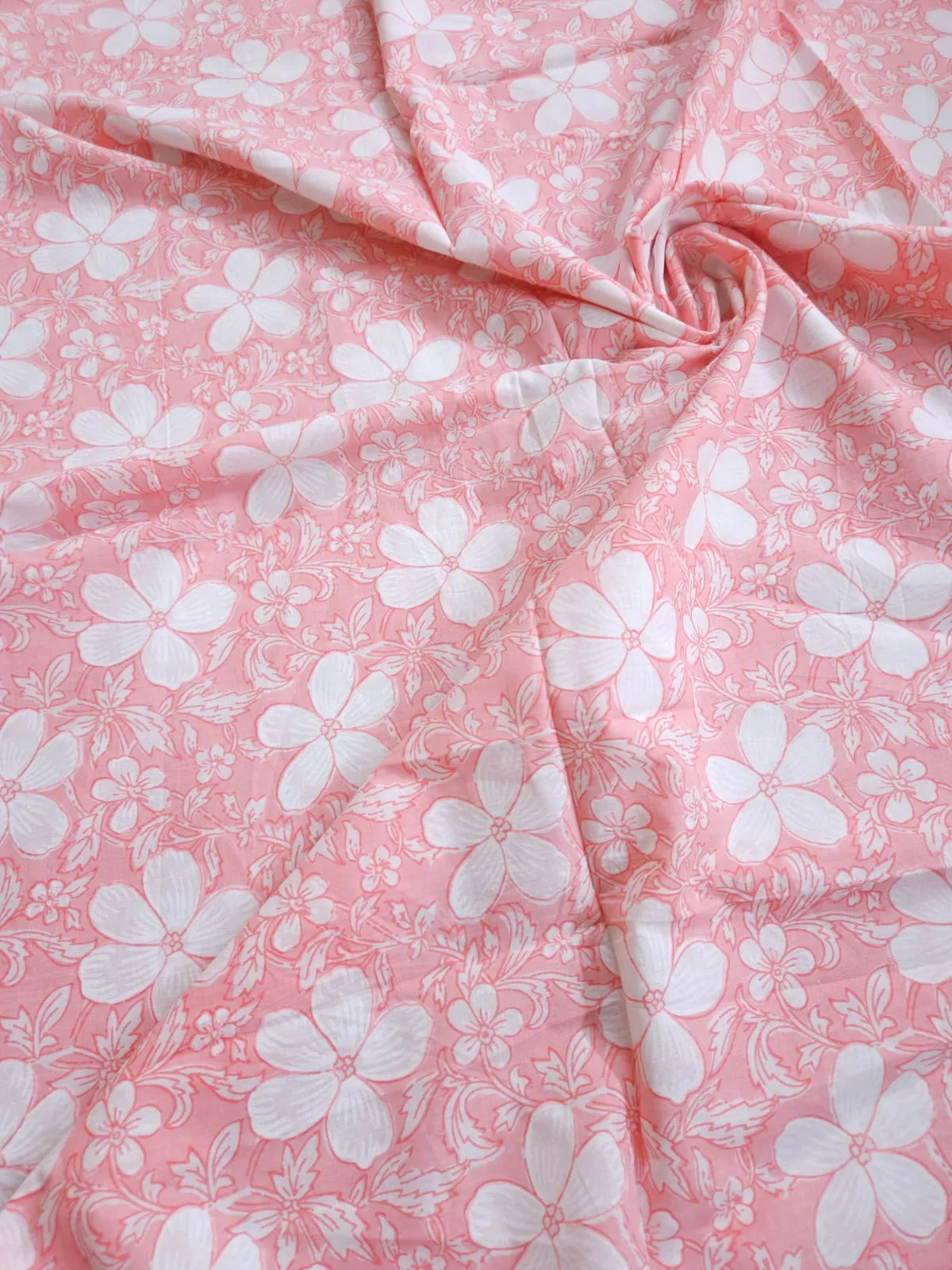 Peach Shade Flowers Print On Overall Fabric, Cotton Fabric.