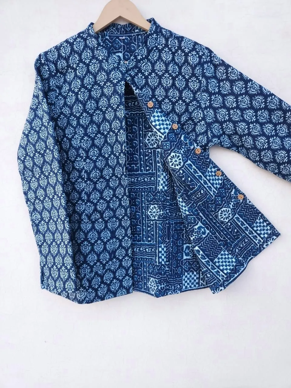 Indigo Blue Shade in Block Printed and Patola Patch Work Cotton Quilted Jacket