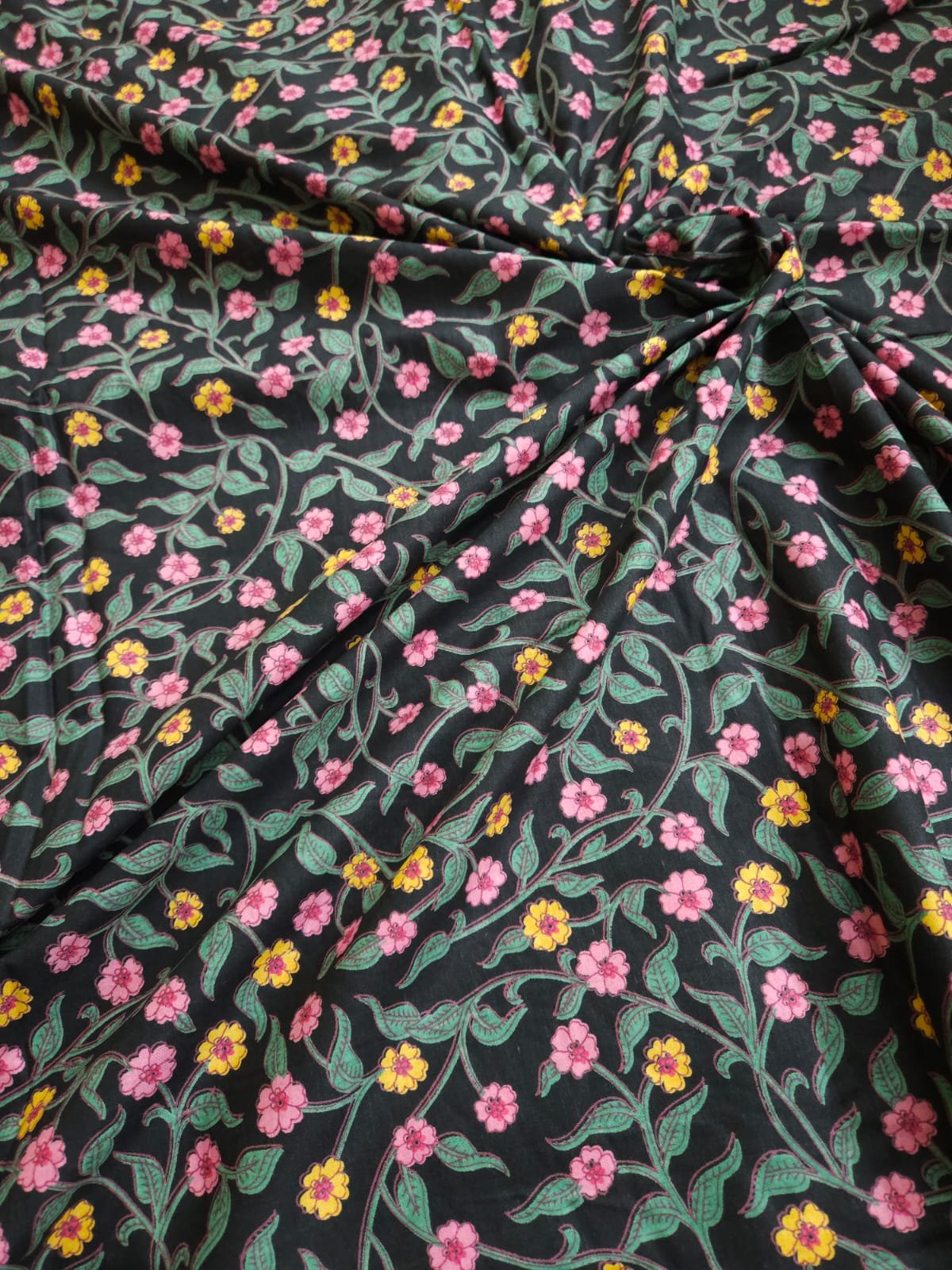 Black Shade Base Small Flowers Jaal Print, Cotton Fabric.