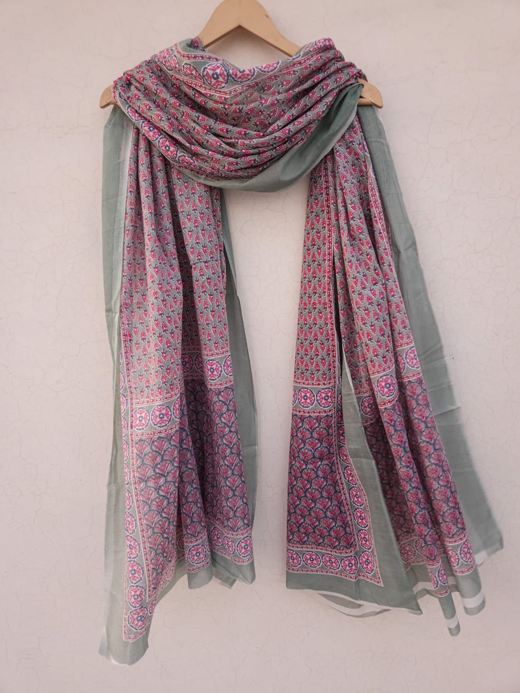 Green Base with Small Pink Printed Butta Cotton Mulmul Dupatta