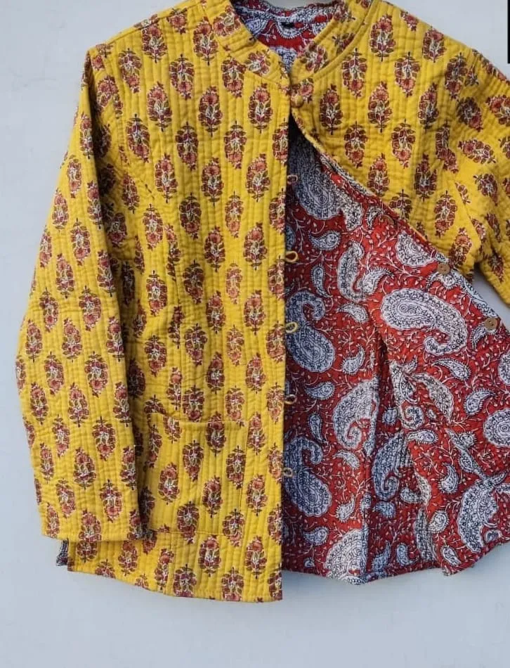 Yellow Block Printed with Red And White Paisley Printed Cotton Quilted Jacket