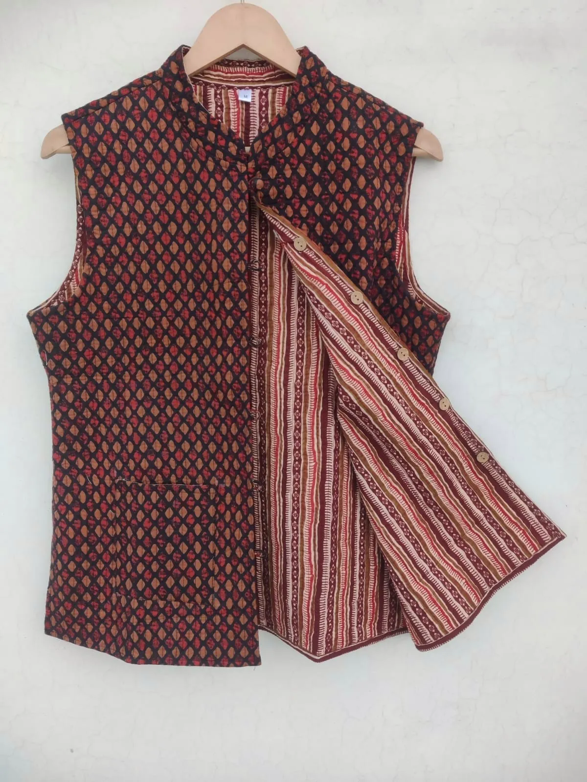 Black with Rust Brown Square Printed Cotton Quilted Jacket