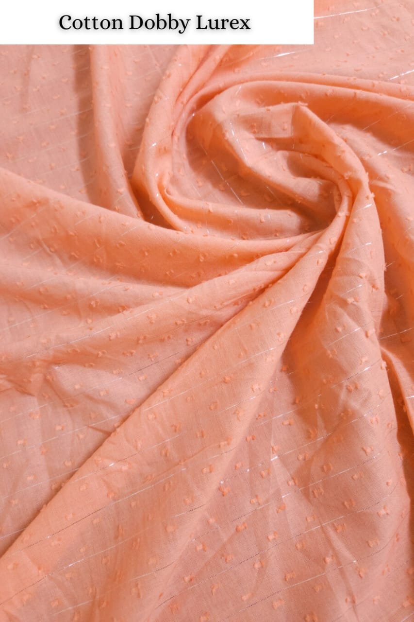 Peach Orange Shade Base Cotton Lurex Dobby Fabric.