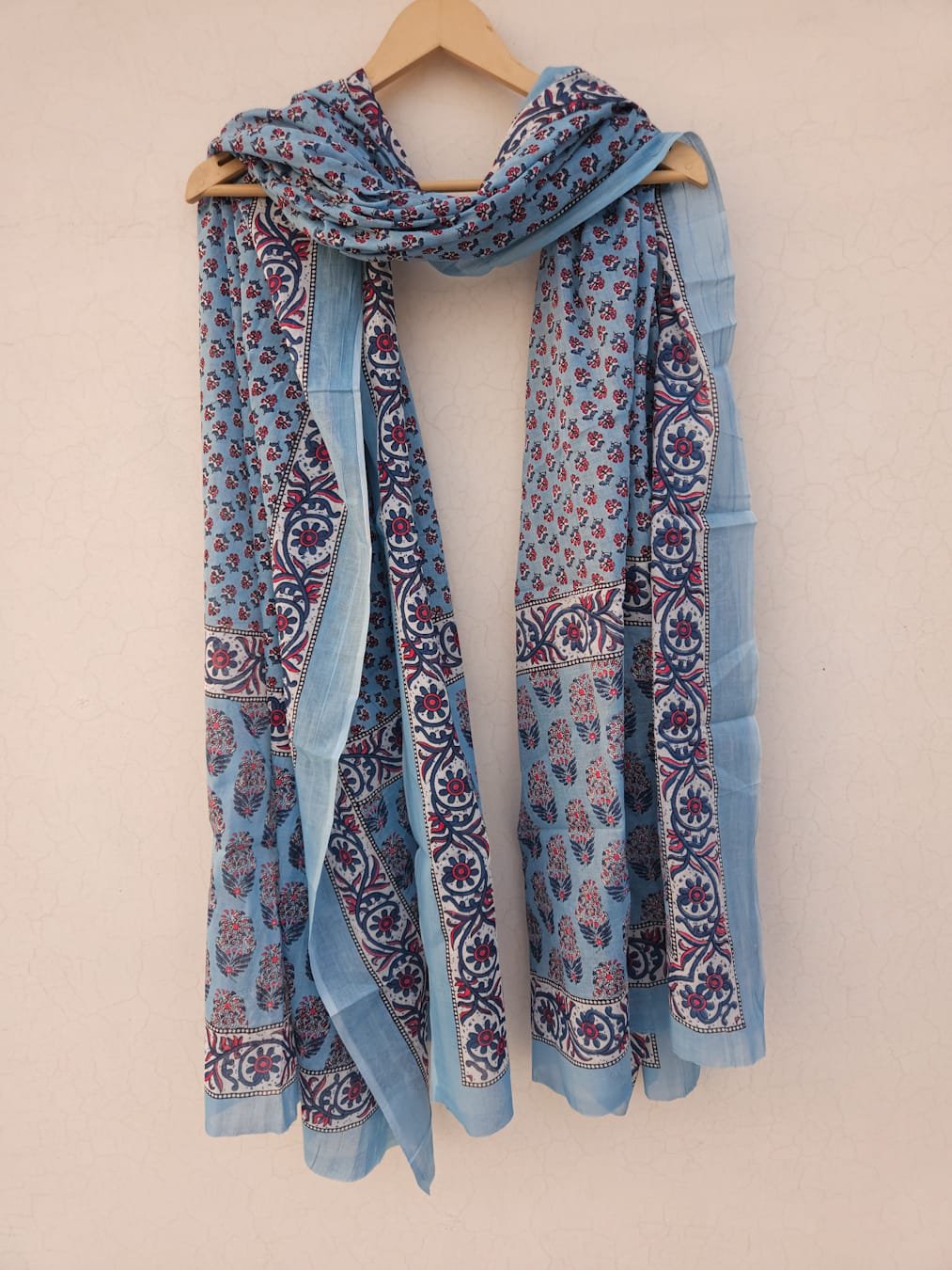 Sky Blue with Dark Navy Blue block printed Cotton Mulmul Dupatta