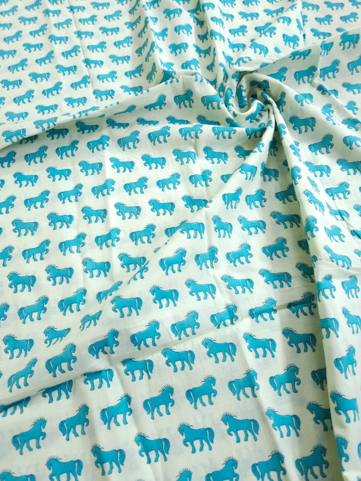 White Shade Base Small Horse Print, Cotton Fabric.