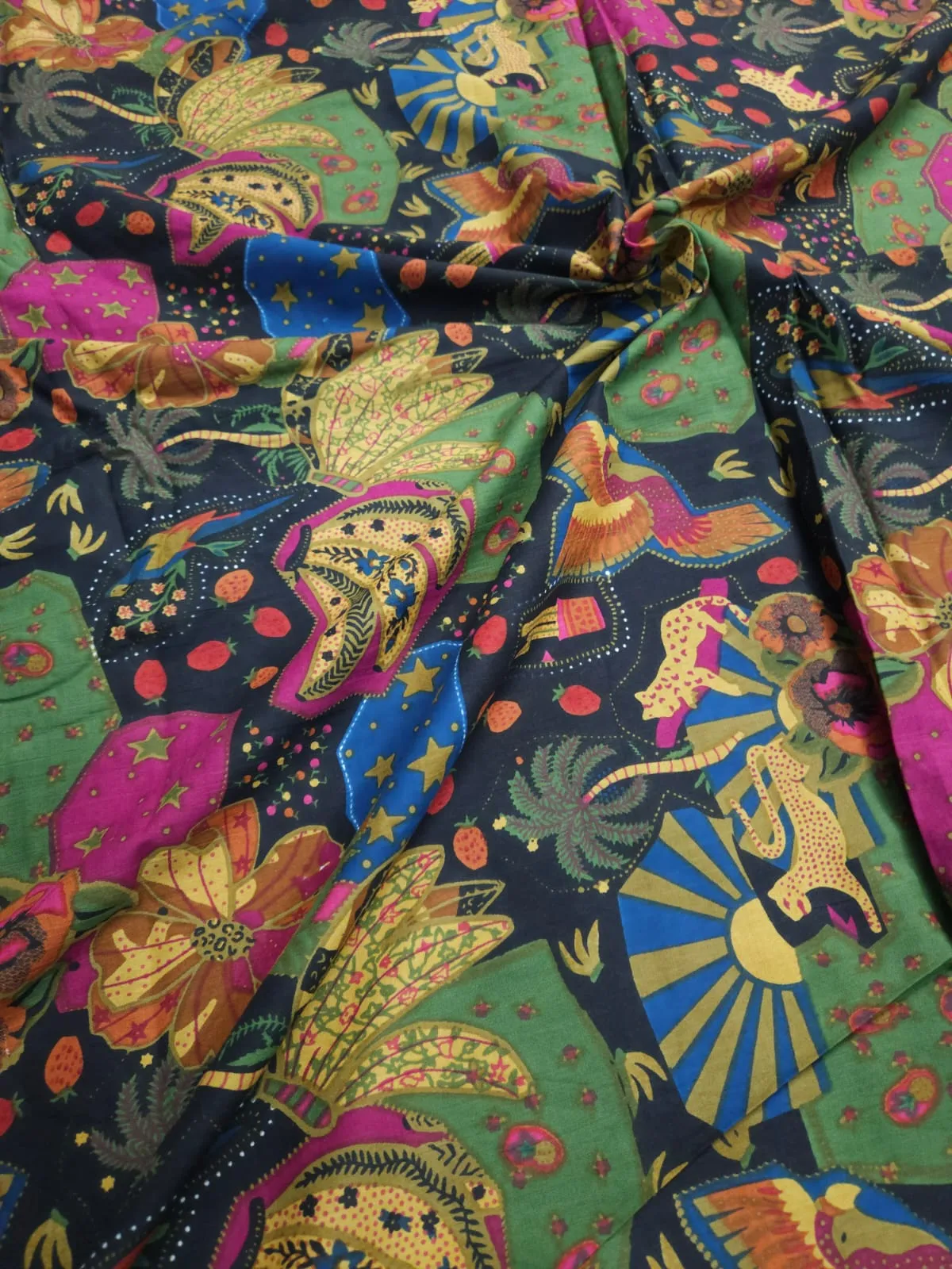 Black Shade Base Jungle Theme Print, Cotton Fabric.