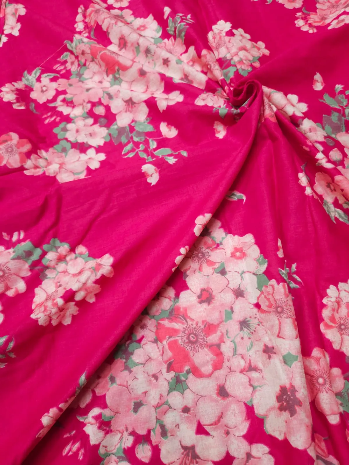 Magenta Pink Shade Base Flowers Print On Overall Fabric, Cotton Fabric.